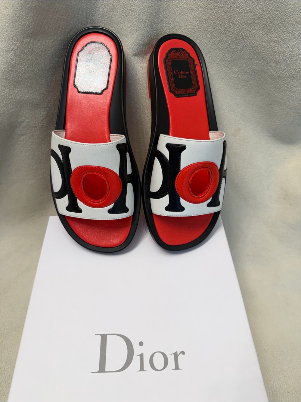 Christian Dior 
White, Red & Black Logo Slide Sandals